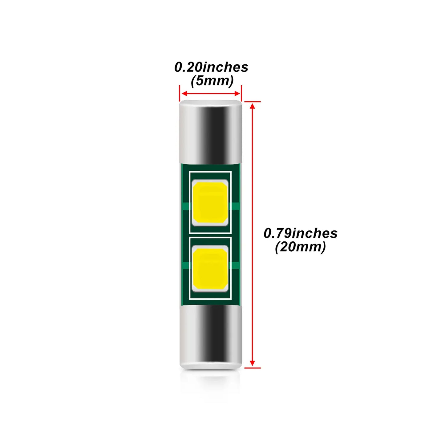 Single cylindrical LED fuse bulb with metallic ends and two yellow light chips on a green board, labeled dimensions 0.79 inches length and 0.20 inches diameter.