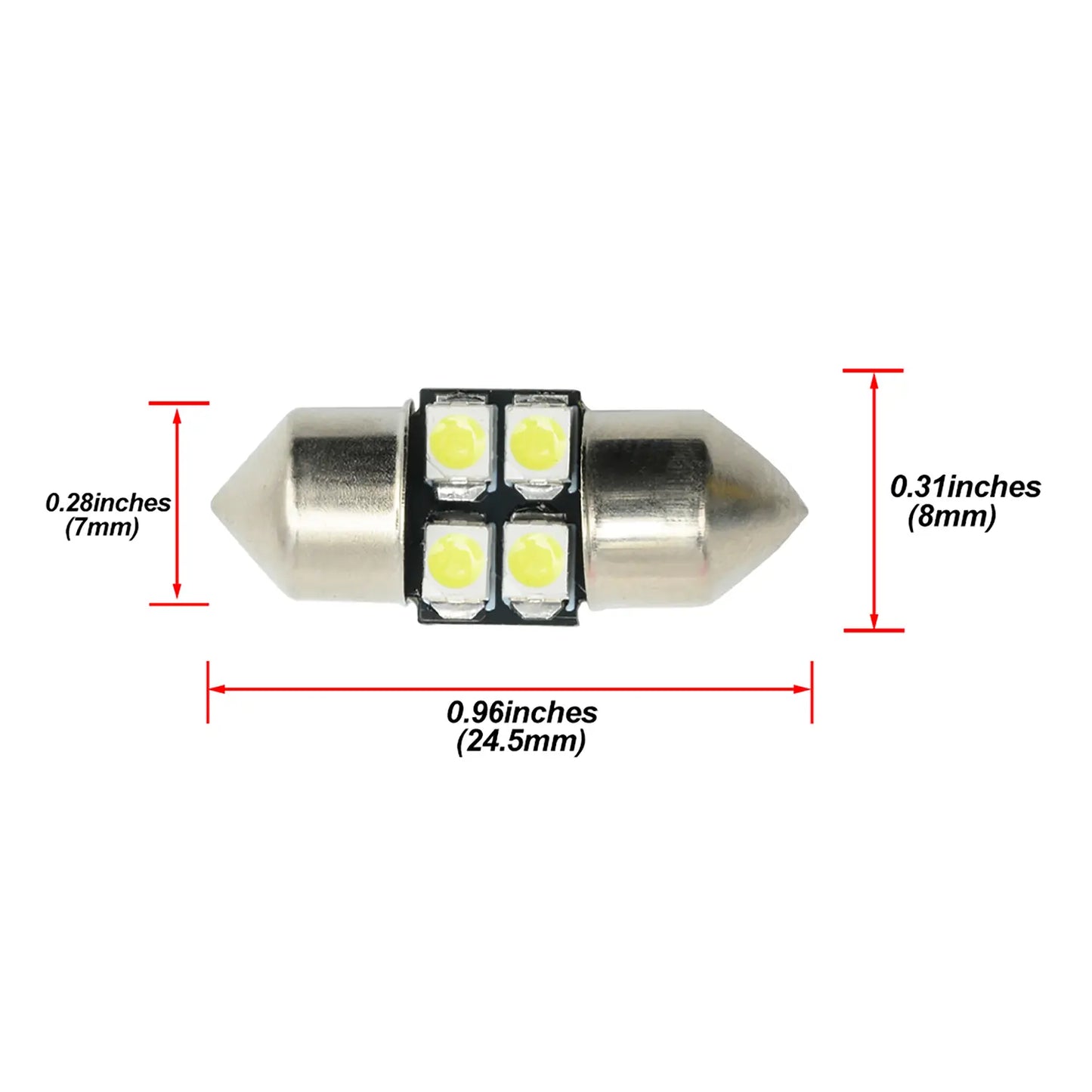 Single cylindrical LED fuse bulb with metallic ends and four yellow light chips on a balck board, labeled dimensions 0.96 inches length and 0.28 inches diameter.