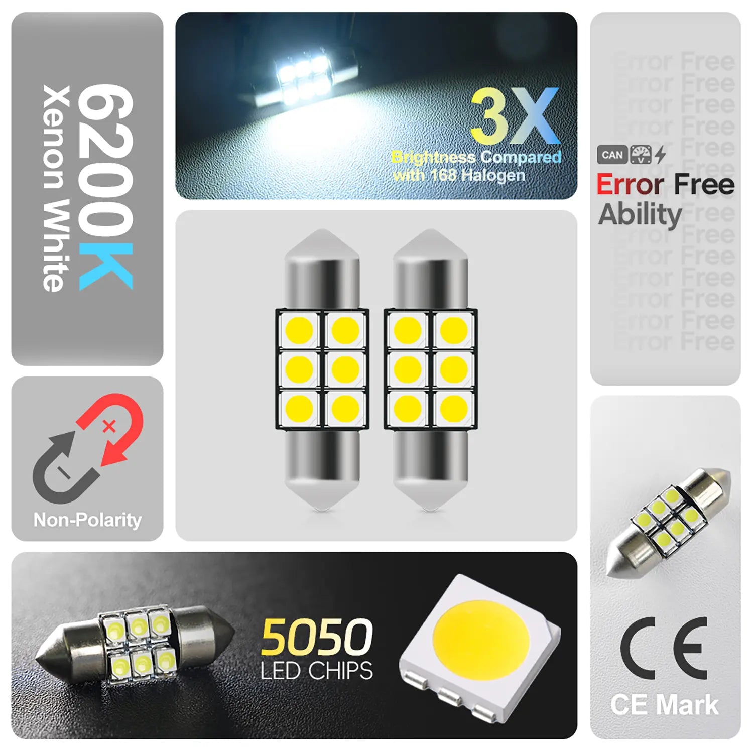 Product infographic of 6200K xenon white festoon LED bulbs with 5050 LED chips, non-polarity design, CE mark, error-free function, and brightness three times halogen.
