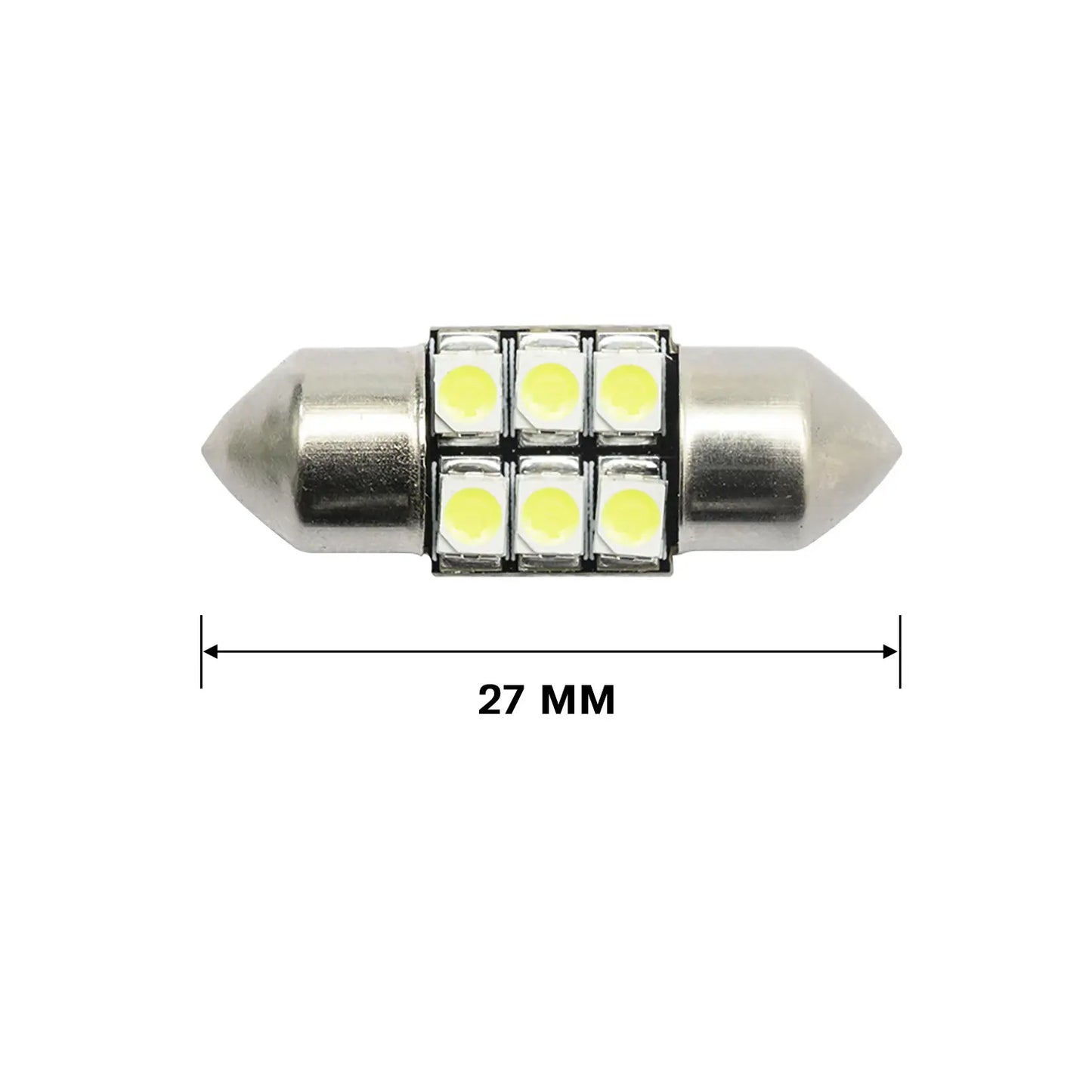 Single cylindrical LED fuse bulb with metallic ends and six yellow light chips on a balck board, labeled dimensions 27mm length.