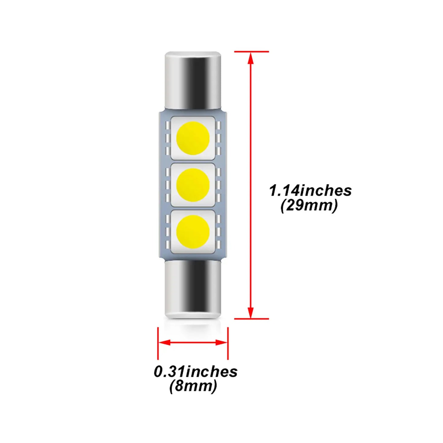 Single cylindrical LED fuse bulb with metallic ends and three yellow light chips on a white board, labeled dimensions 1.14 inches length, 031 inches diameter.