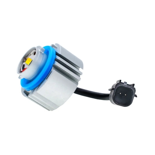 An LED L1B fog light module with aluminum heat sinks and LED chips, featuring a black connector for secure installation.