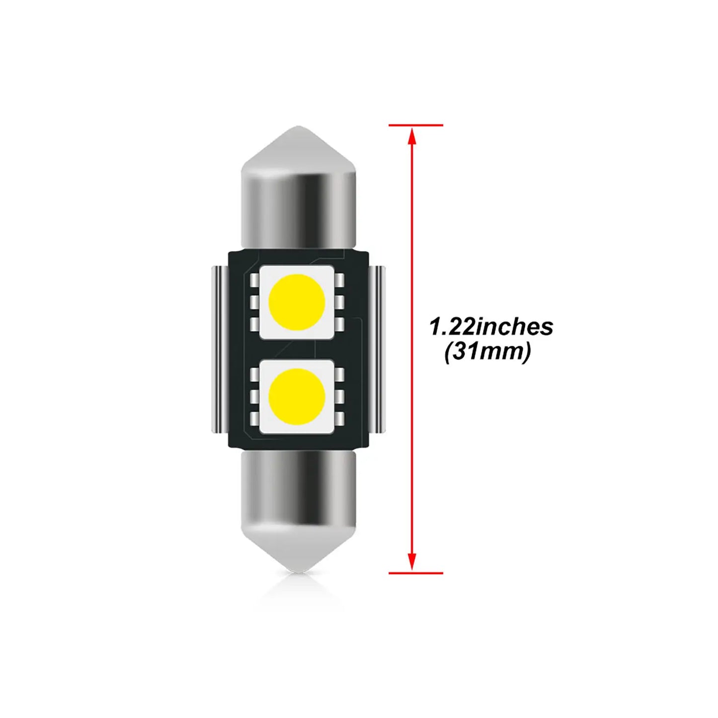 Single cylindrical LED fuse bulb with metallic ends and two yellow light chips on a balck board, labeled dimensions 1.22 inches length.