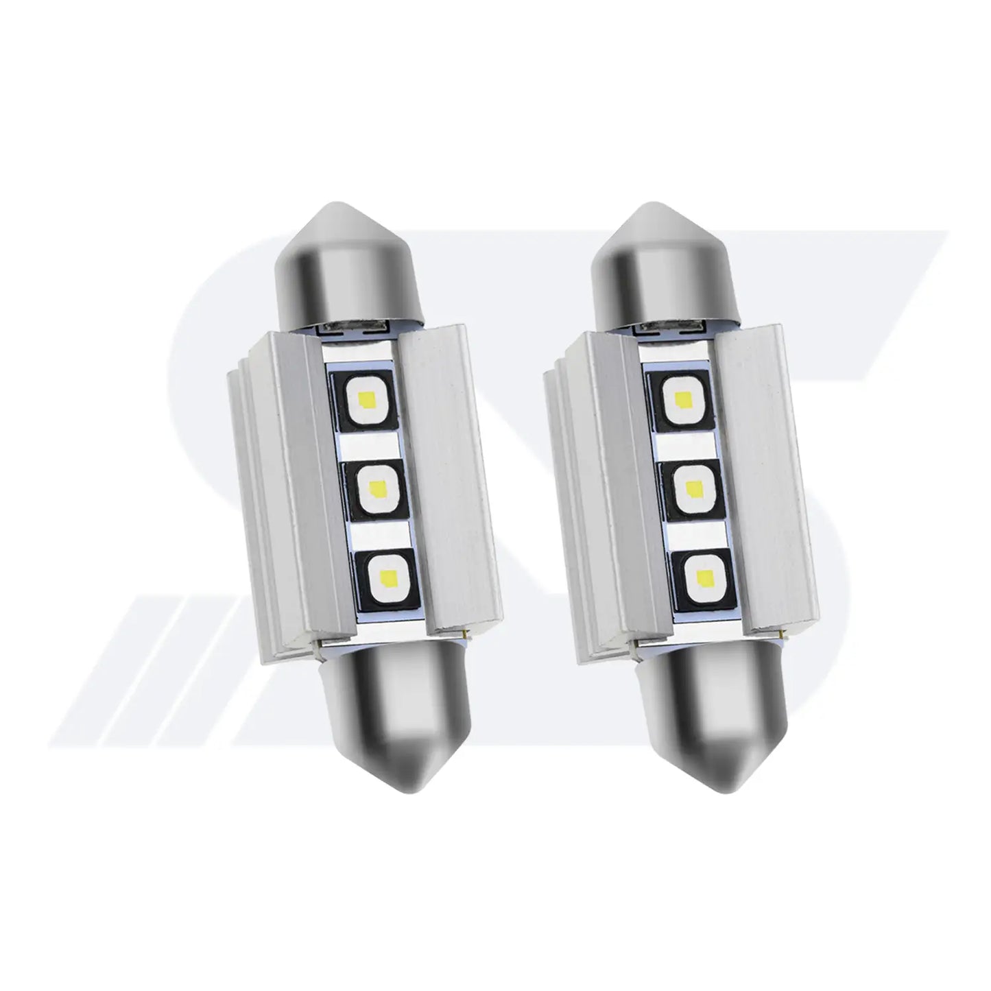 Two cylindrical festoon-style LED car bulbs with metallic pointed ends, each featuring three LED chips arranged in a square grid on a white circuit board.