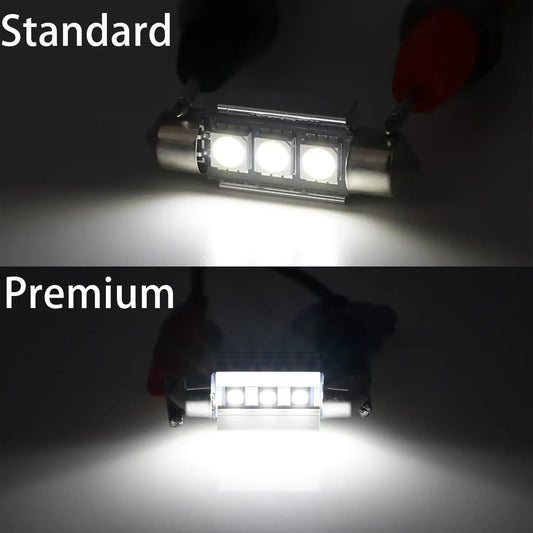 Comparison image of two LED festoon bulbs: “Standard” emits a dimmer white light, while “Premium” produces a brighter, more focused and intense illumination.
