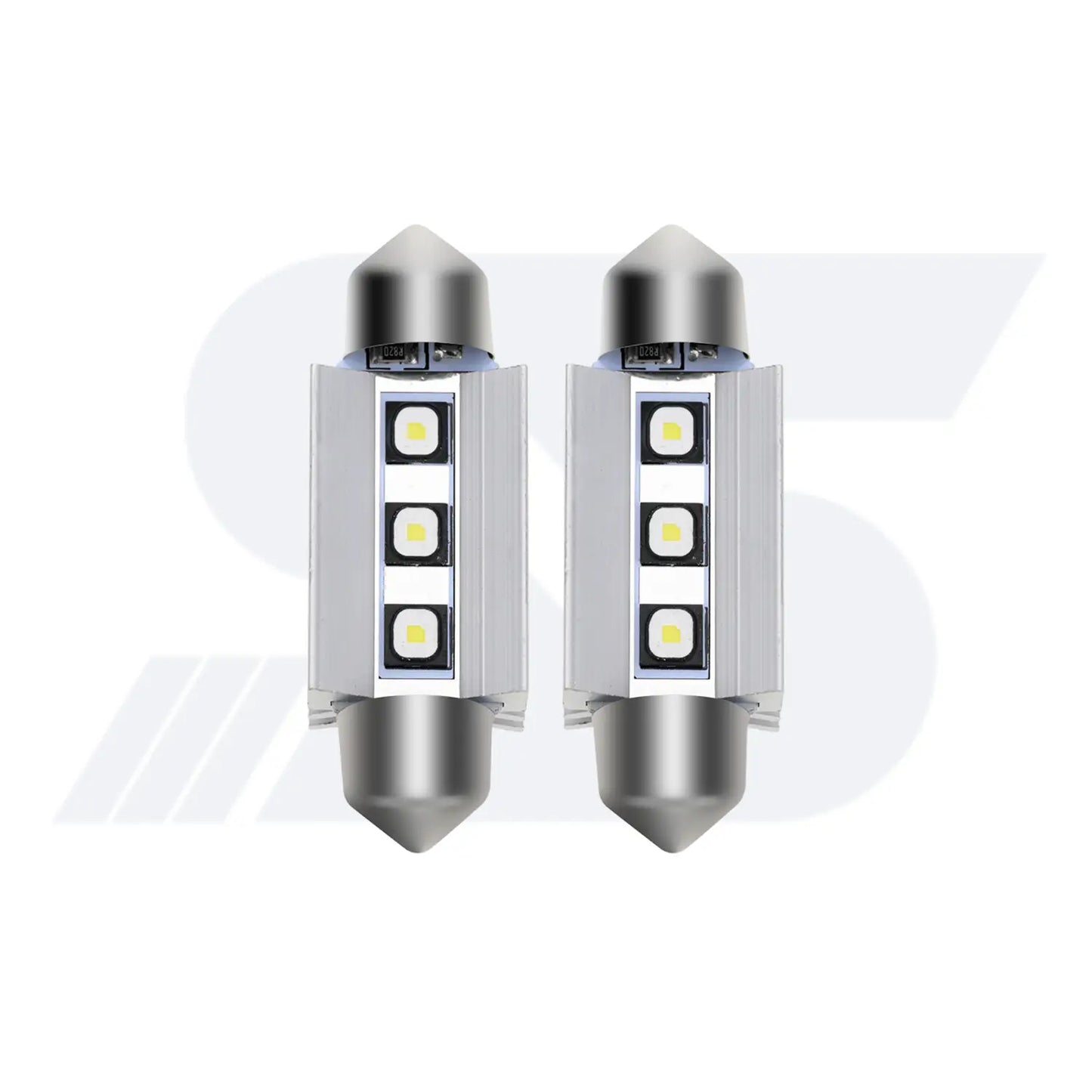 Two cylindrical festoon-style LED car bulbs with metallic pointed ends, each featuring three LED chips arranged in a square grid on a white circuit board.