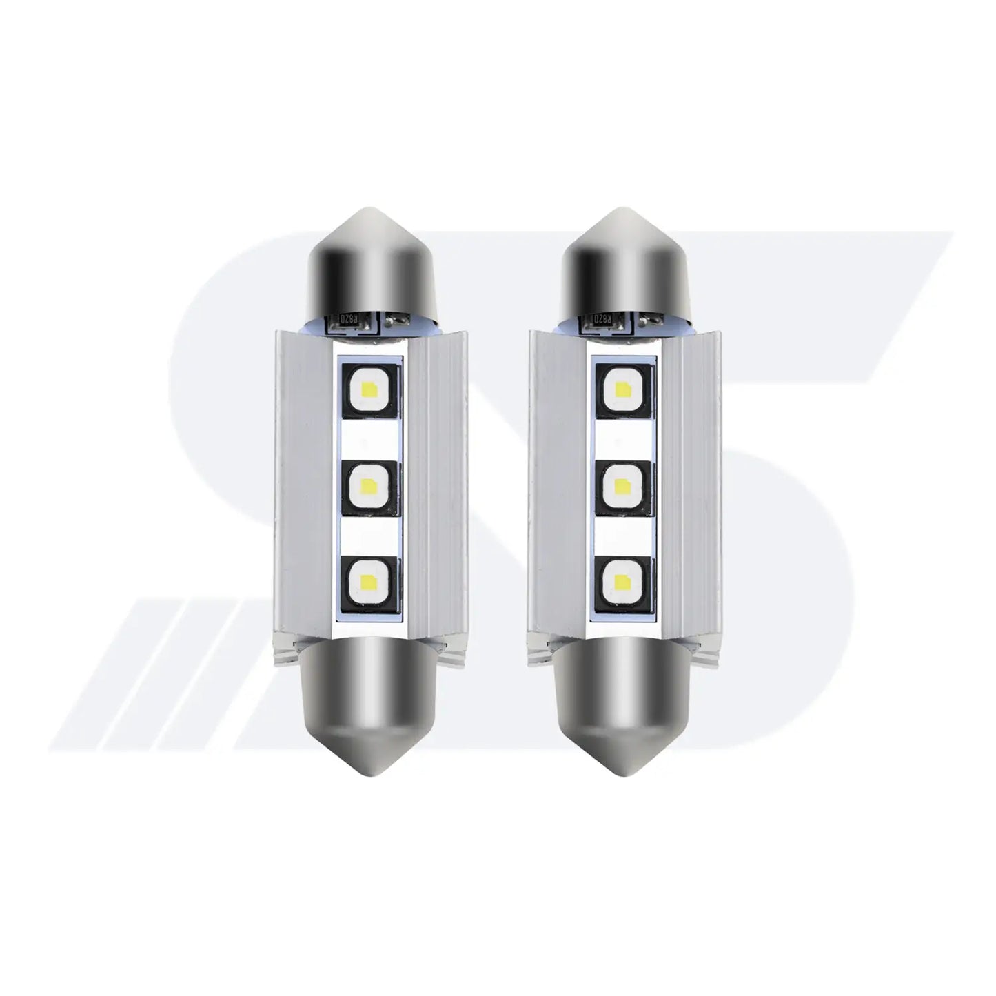 Two cylindrical festoon-style LED car bulbs with metallic pointed ends, each featuring three LED chips arranged in a square grid on a white circuit board.