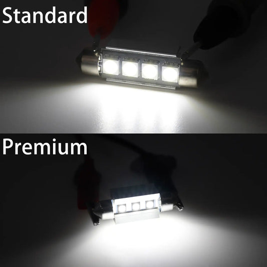 Comparison image of two LED festoon bulbs: “Standard” emits a dimmer white light, while “Premium” produces a brighter, more focused and intense illumination.