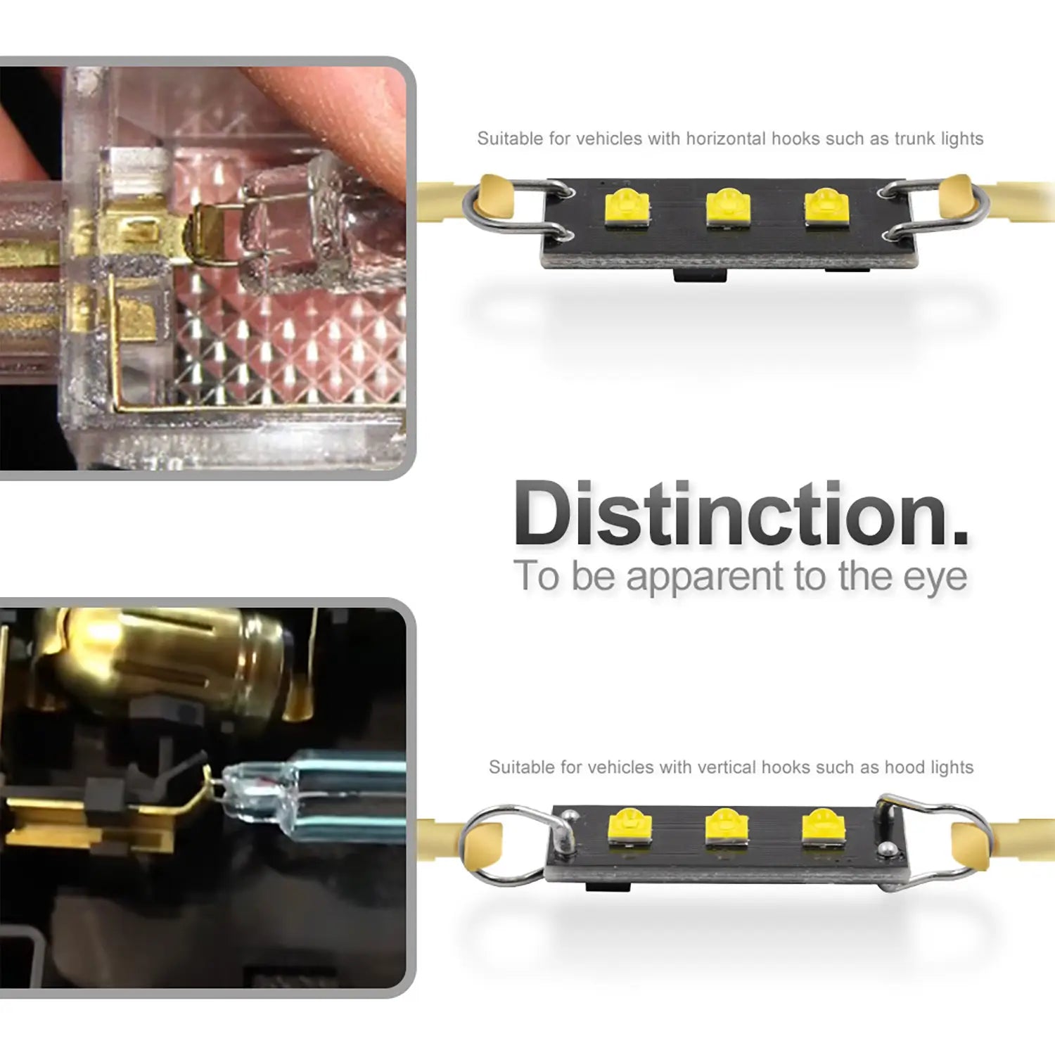 Image showing LED module compatibility with vehicle light sockets. Top: fits horizontal hooks (trunk lights). Bottom: fits vertical hooks (hood lights). Clear installation distinction provided.