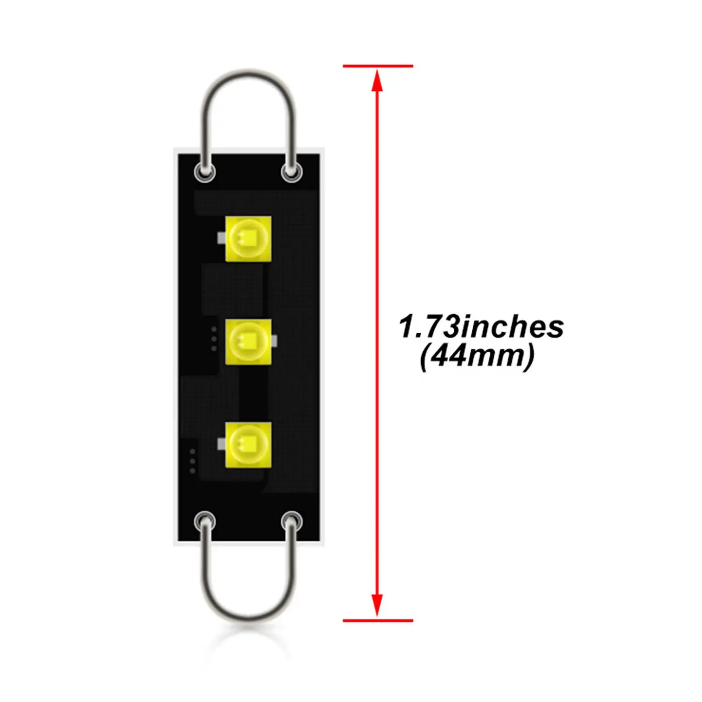 Top-down view of an LED light module featuring three yellow LEDs. The module measures 1.73 inches (44mm) in length, with metal loops on both ends.