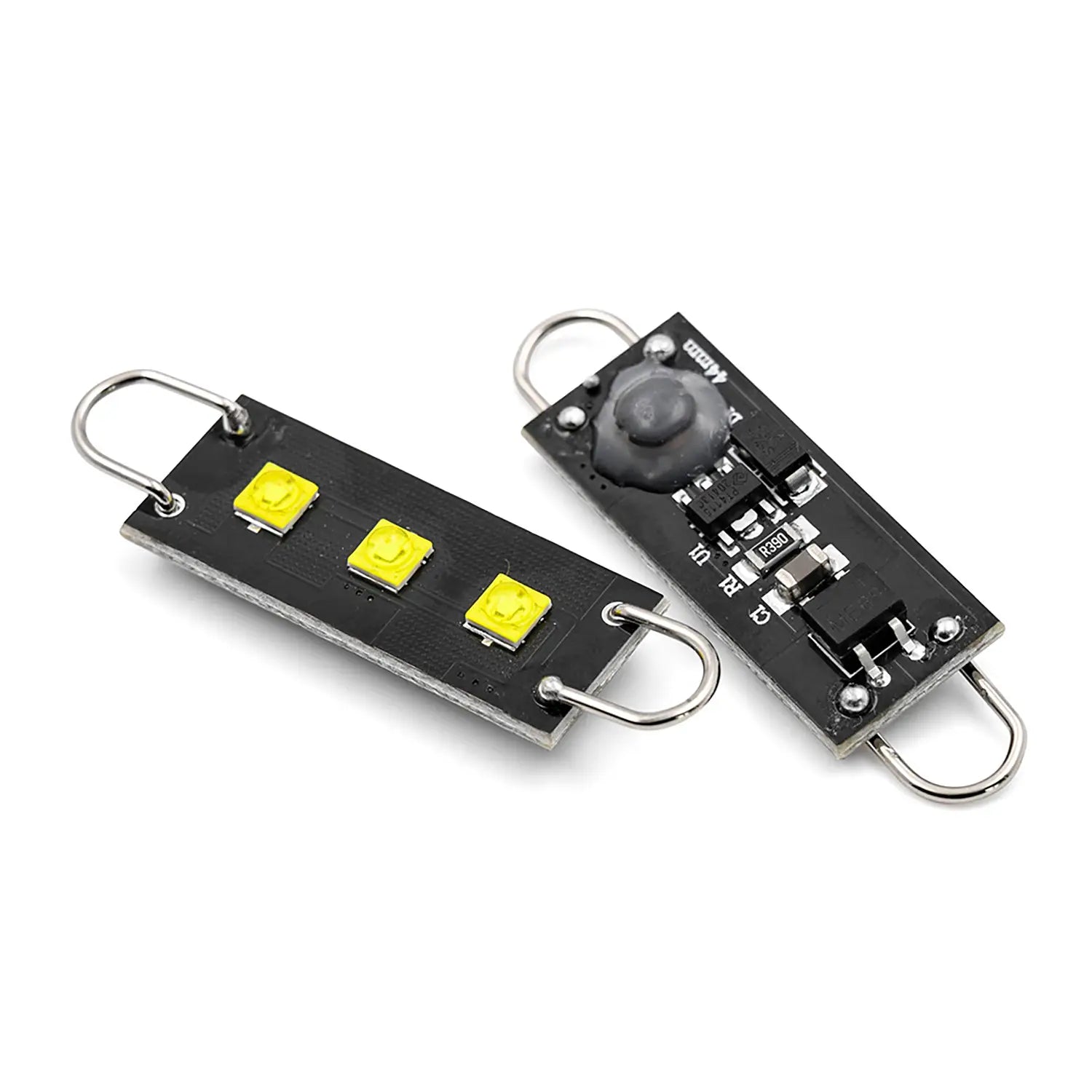 Close-up of two small LED modules with three yellow LEDs on one side and electronic components on the other, featuring metal hooks for easy installation.