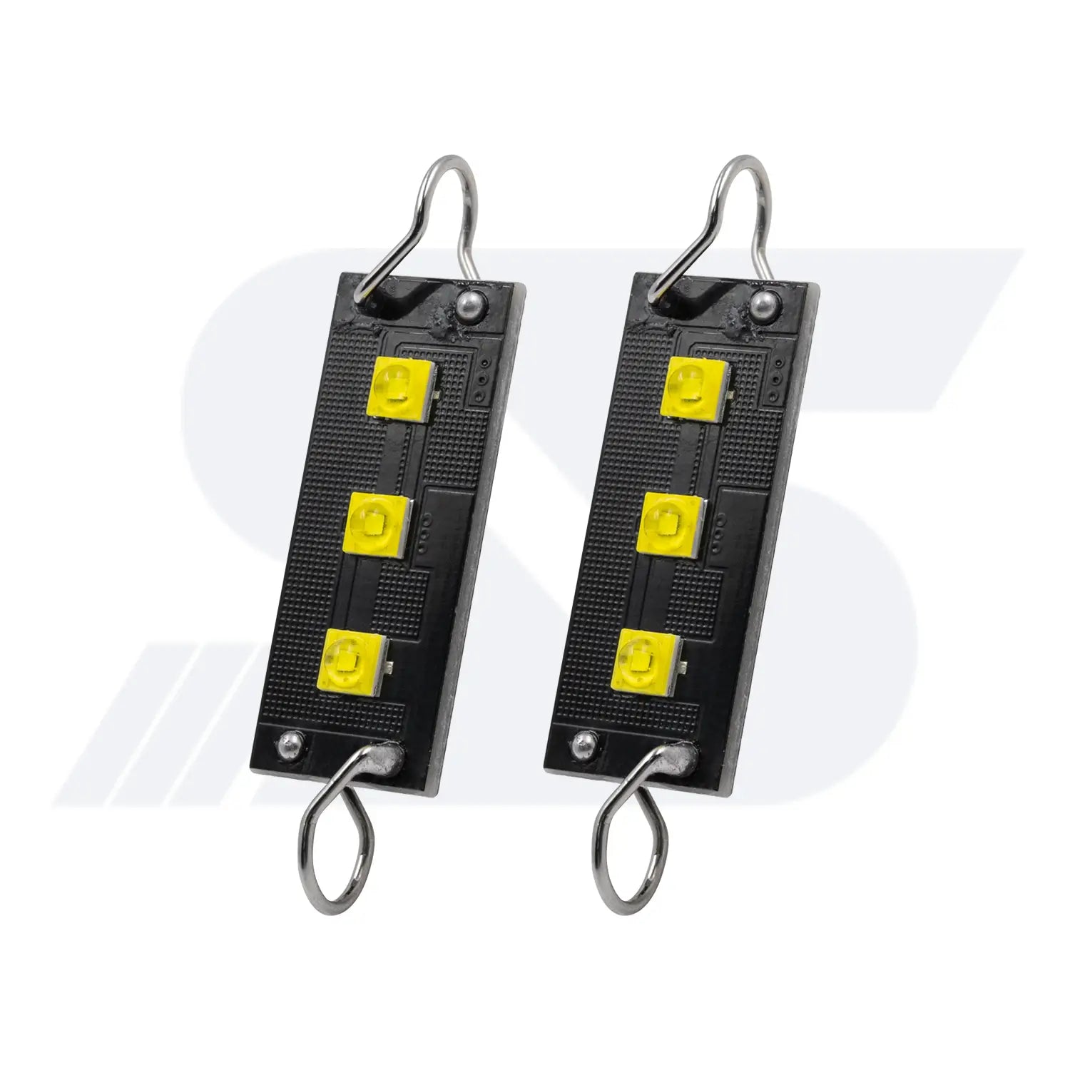 Pair of compact LED light modules featuring three bright yellow LEDs each, mounted on black rectangular boards with metal loops for easy attachment or suspension.