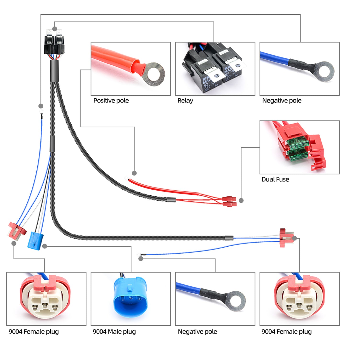 9004 HB1 Headlight Relay Wiring Harness For Toyota Pickup, Ford F-150, etc.