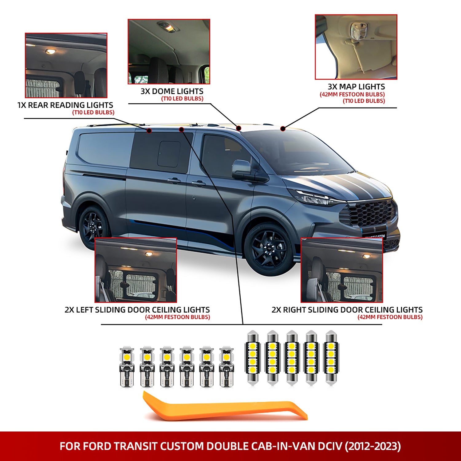 Kit d'éclairage intérieur à LED pour fourgonnette double cabine Ford Transit Custom DCiV 2012-2023