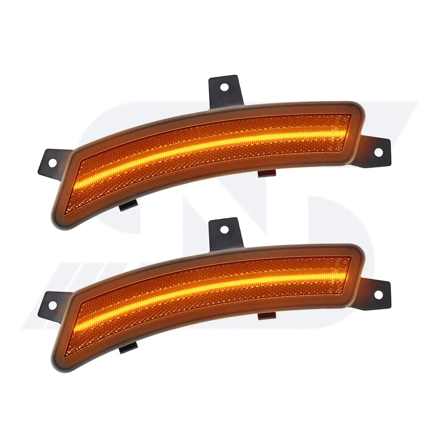 Pair of amber LED side marker lights with sleek curved design, black mounting brackets, and bright illuminated strip, suitable for automotive exterior upgrade and improved visibility.