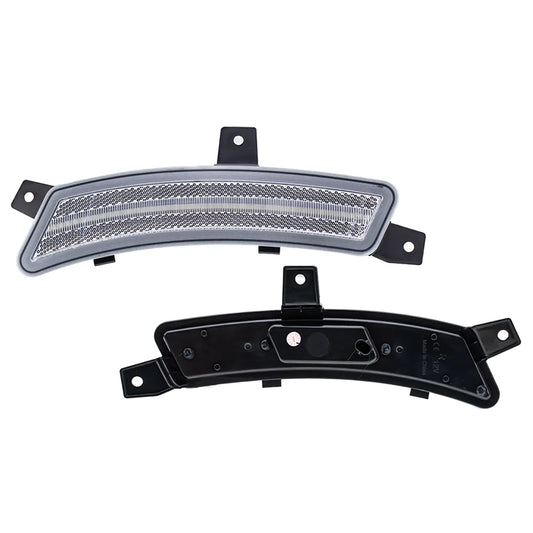 A pair of curved LED side mirror turn signal lights with clear lenses and black housing, designed for vehicle exterior use, featuring mounting brackets and connector ports.