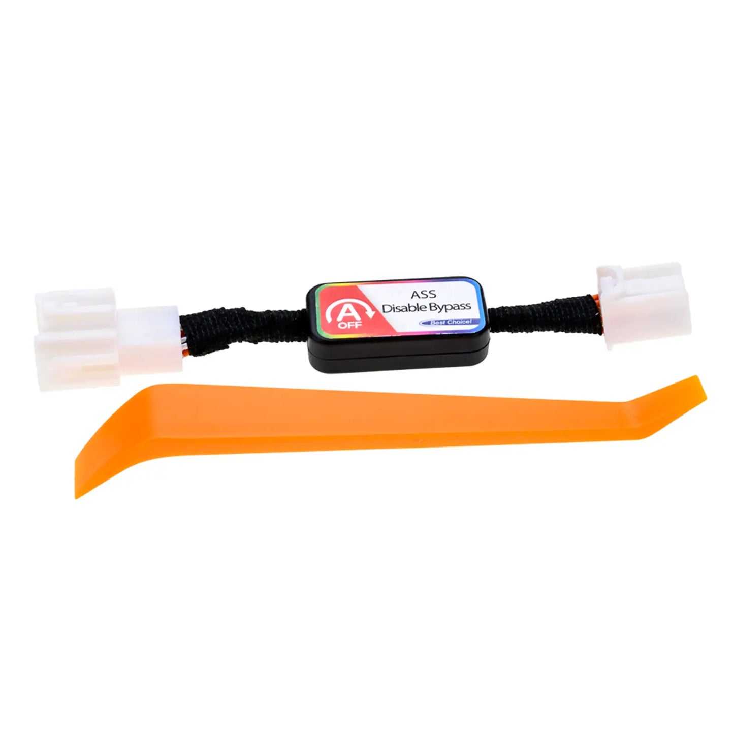 A black cable with connectors labeled "ASS Disable Bypass" and "A OFF" symbol, featuring rainbow border and "Best Choice!" text. A removal tool is included in the package.