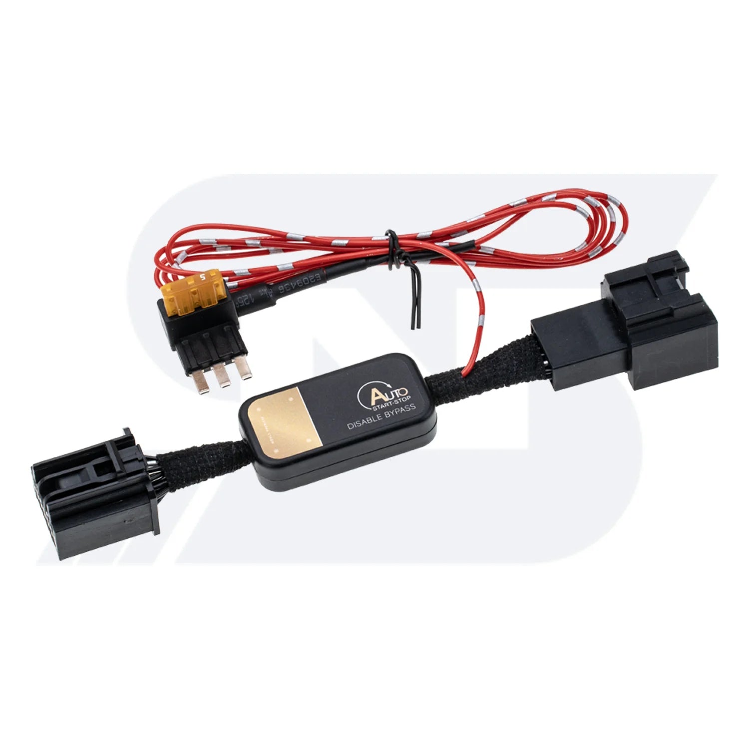 A black auto disable bypass module with connectors, featurs a red wire and a yellow fuse tap and it is labeled