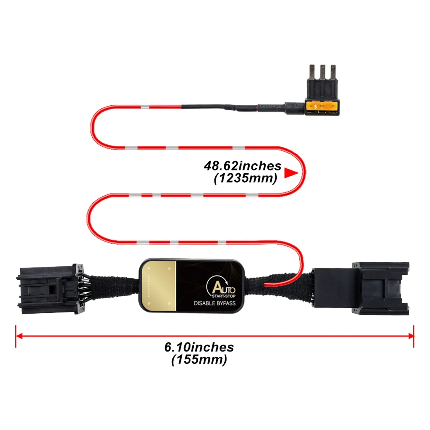 A black auto disable bypass with connectors, featuring a central control module labeled "Auto Disable BypasS", measuring 6.10 inches (155mm) in length. The length of the red wire is 48.62 inches (1235mm).