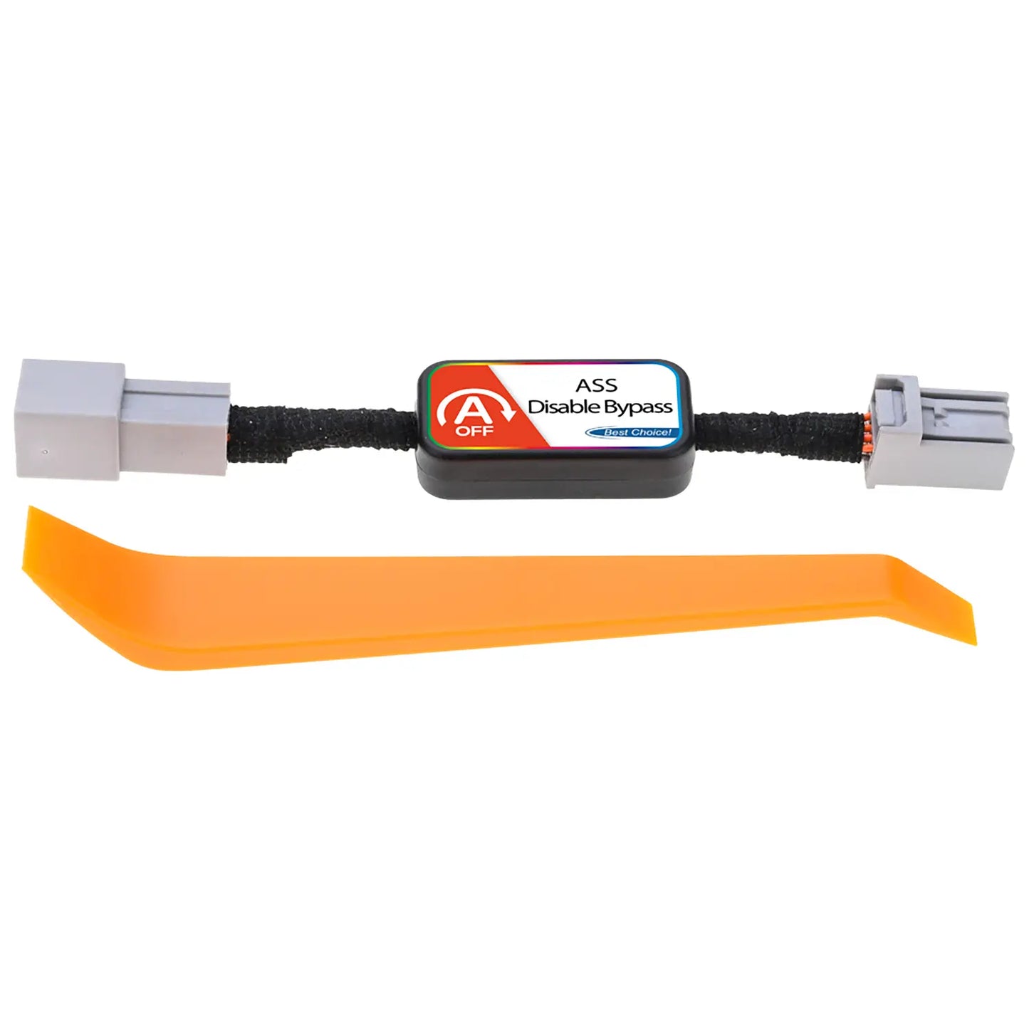 A black cable with two connectors, labeled "ASS Disable Bypass" with an "A OFF" symbol and "Best Choice!" text. An orange removal tool is included in the package.