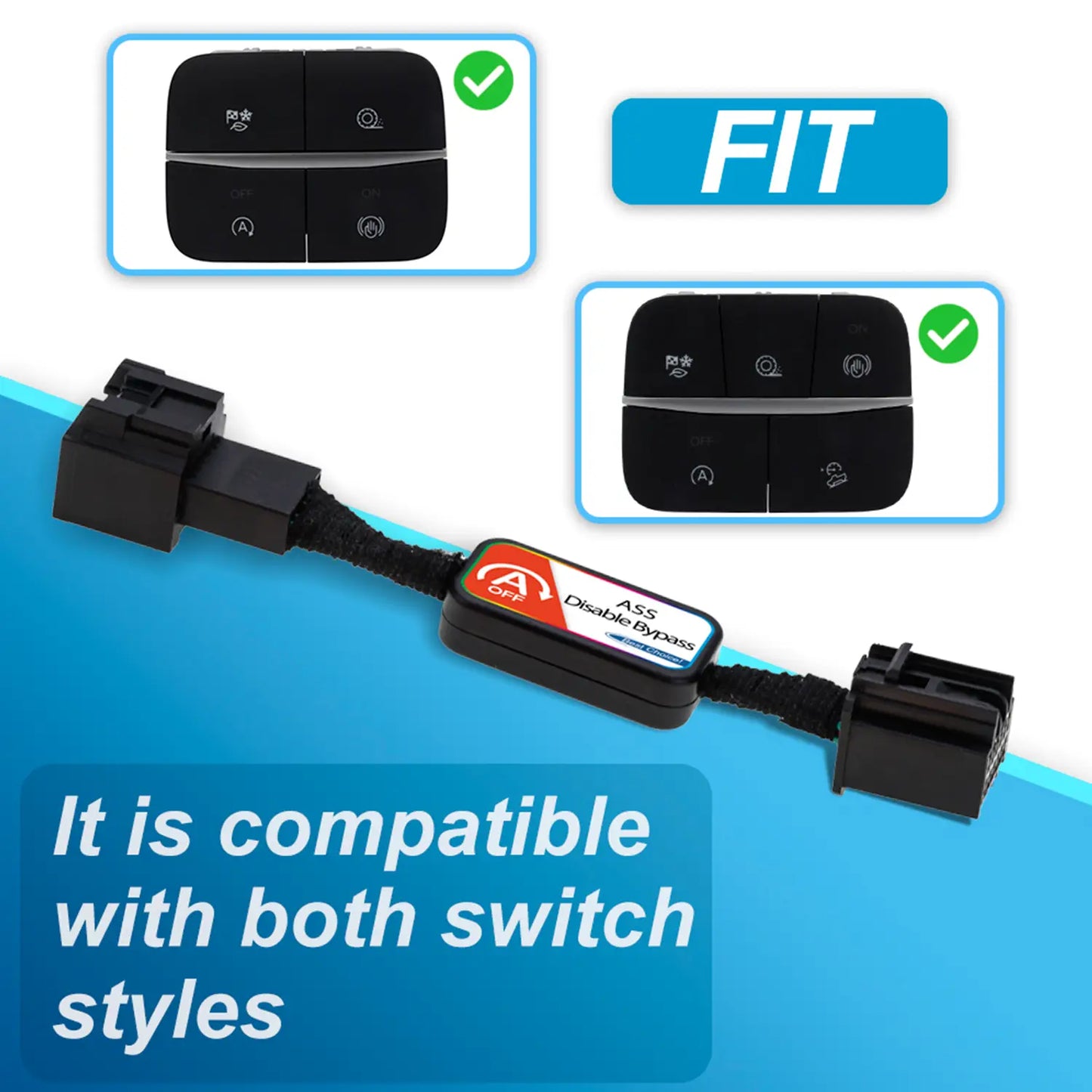 Black automotive wiring harness labeled "ASS Disable Bypass" with dual connectors, compatible with both switch styles for vehicle start-stop systems.