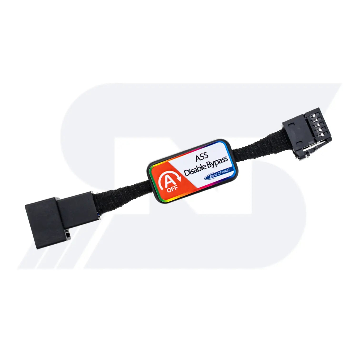 An ASS Disable Bypass cable with colorful labeled tag attached, featuring two distinct connectors at each end.