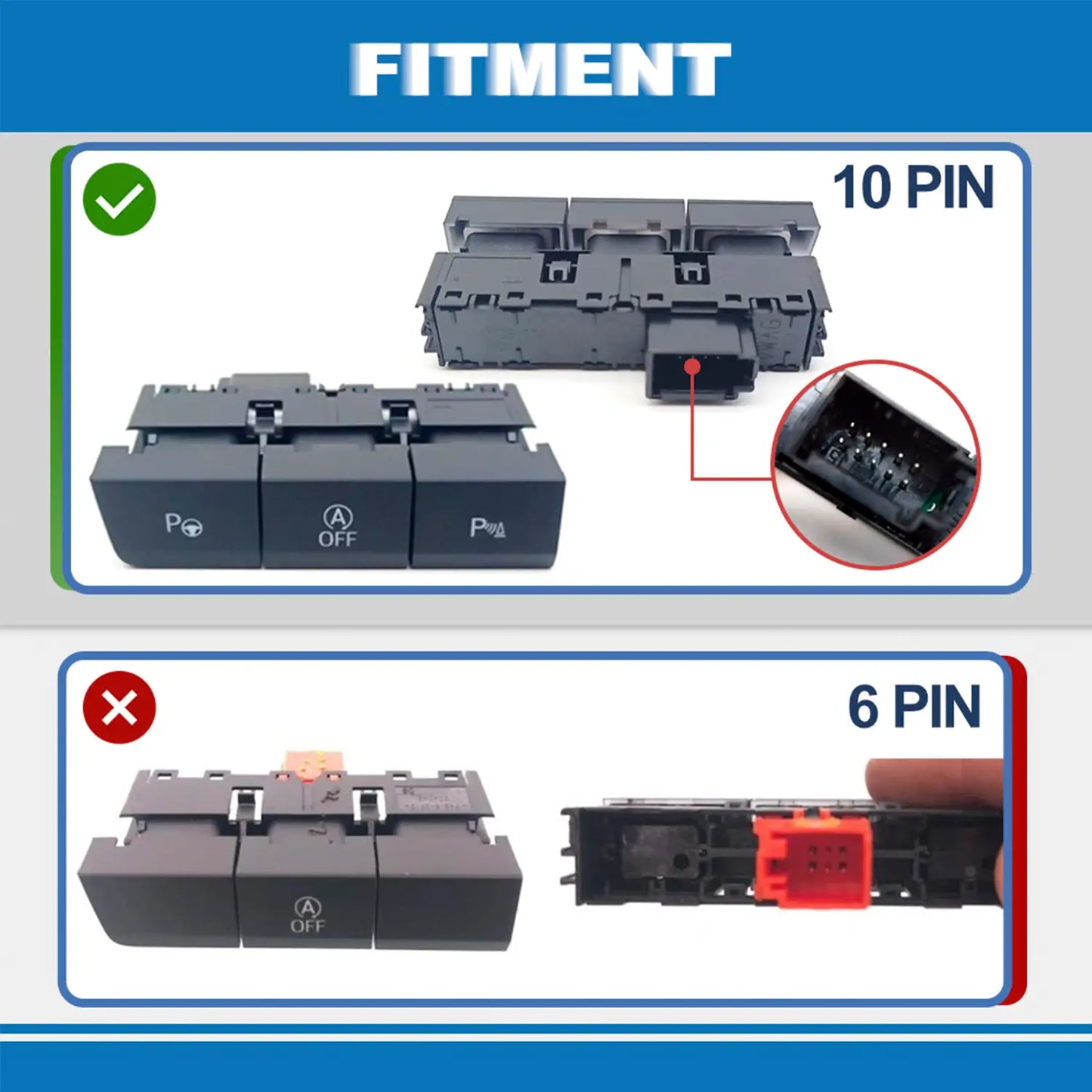 Car part eliminator fitment guide: Compatible with 10-pin connectors (green checkmark) and incompatible with 6-pin connectors (red cross).