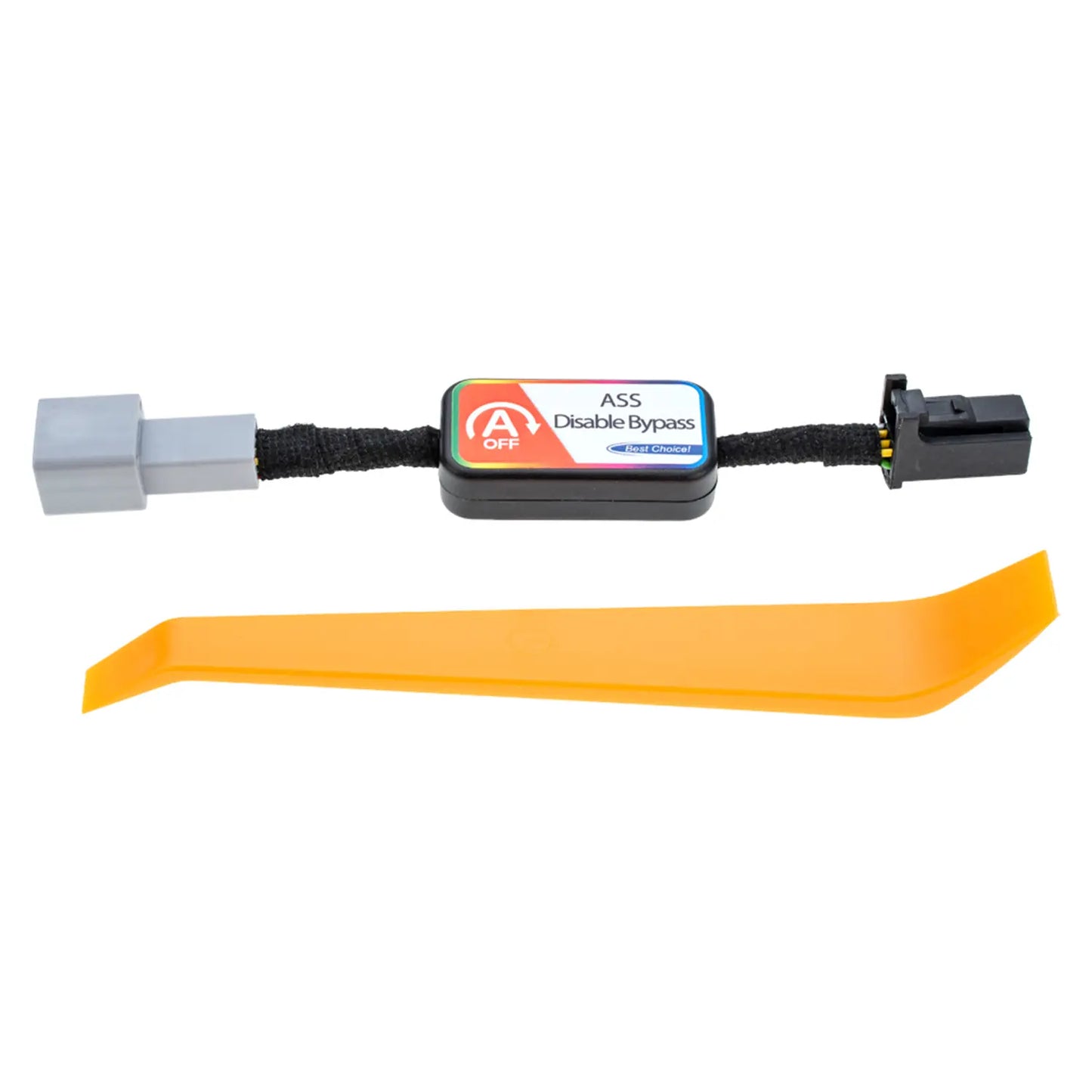 A rectangular ASS Disable Bypass module with colorful labeling, featuring two connectors (gray and black) and a toggle switch marked "OFF" for disabling vehicle systems. An orange removal tool is included in the package.