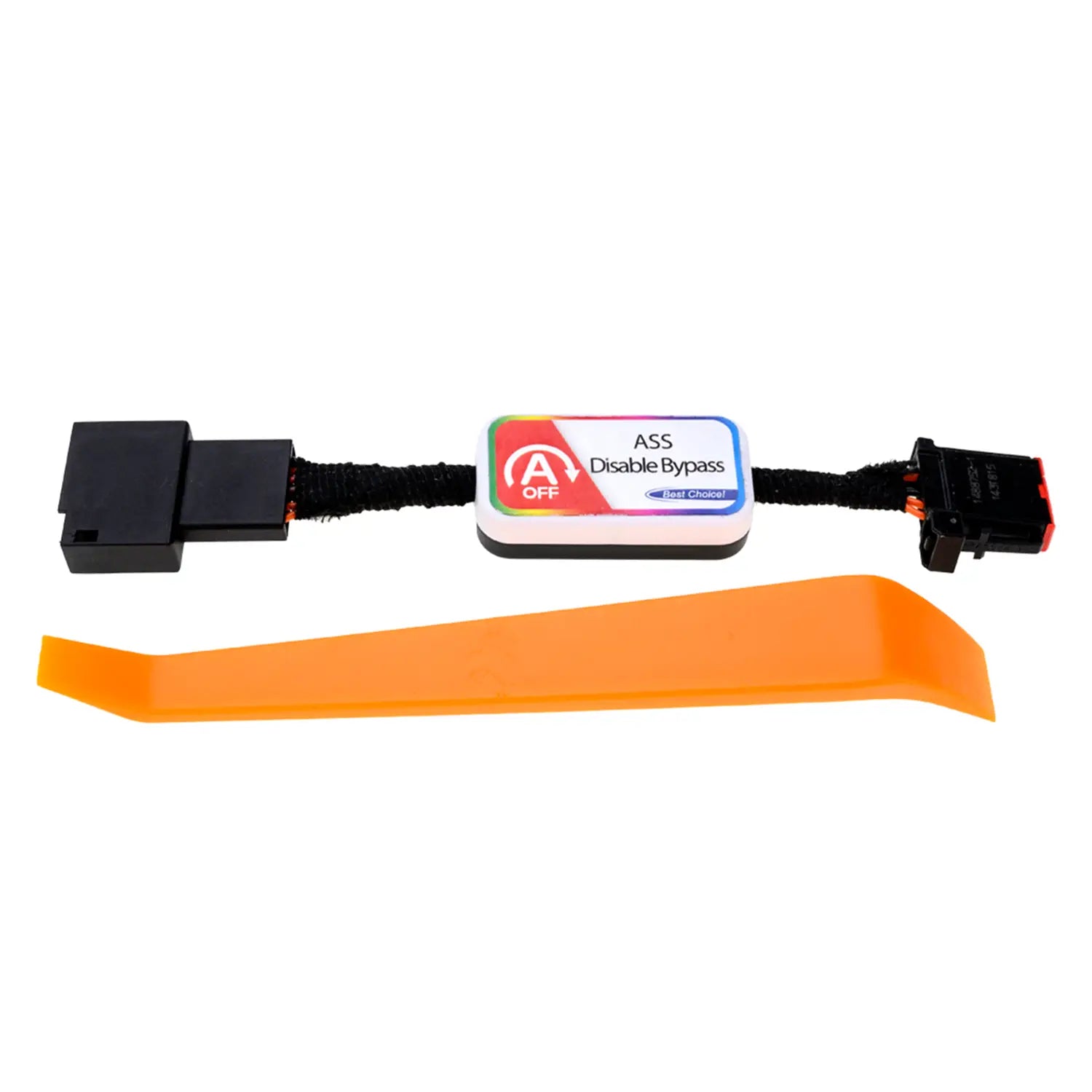 Automotive ASS Disable Bypass module with A/OFF toggle switch, connected via black cables with male and female connectors. An orange plastic removal tool is included in the package.