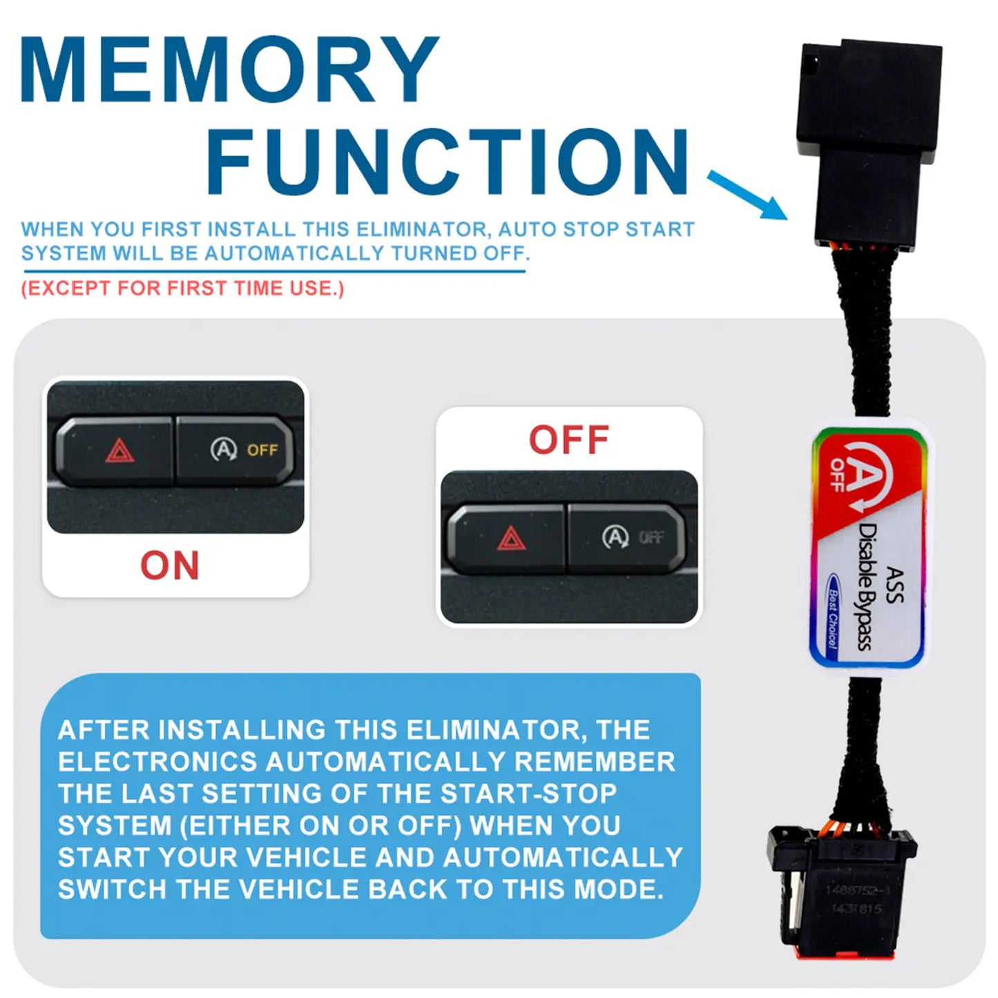 Automotive ASS Disable Bypass module with memory function remembers last start-stop system setting (ON/OFF) after installation.
