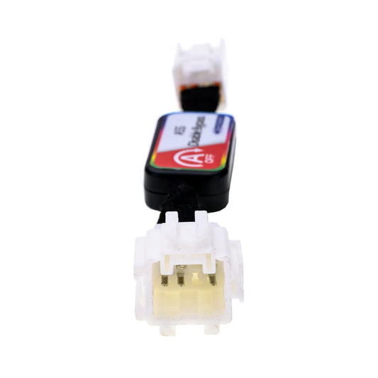 A black electronic module with a red and white label reading "ASS Disable Bypass" and "A-OFF," connected to white connectors via a braided cable. It shows its interior with a 6-pin white male connector.