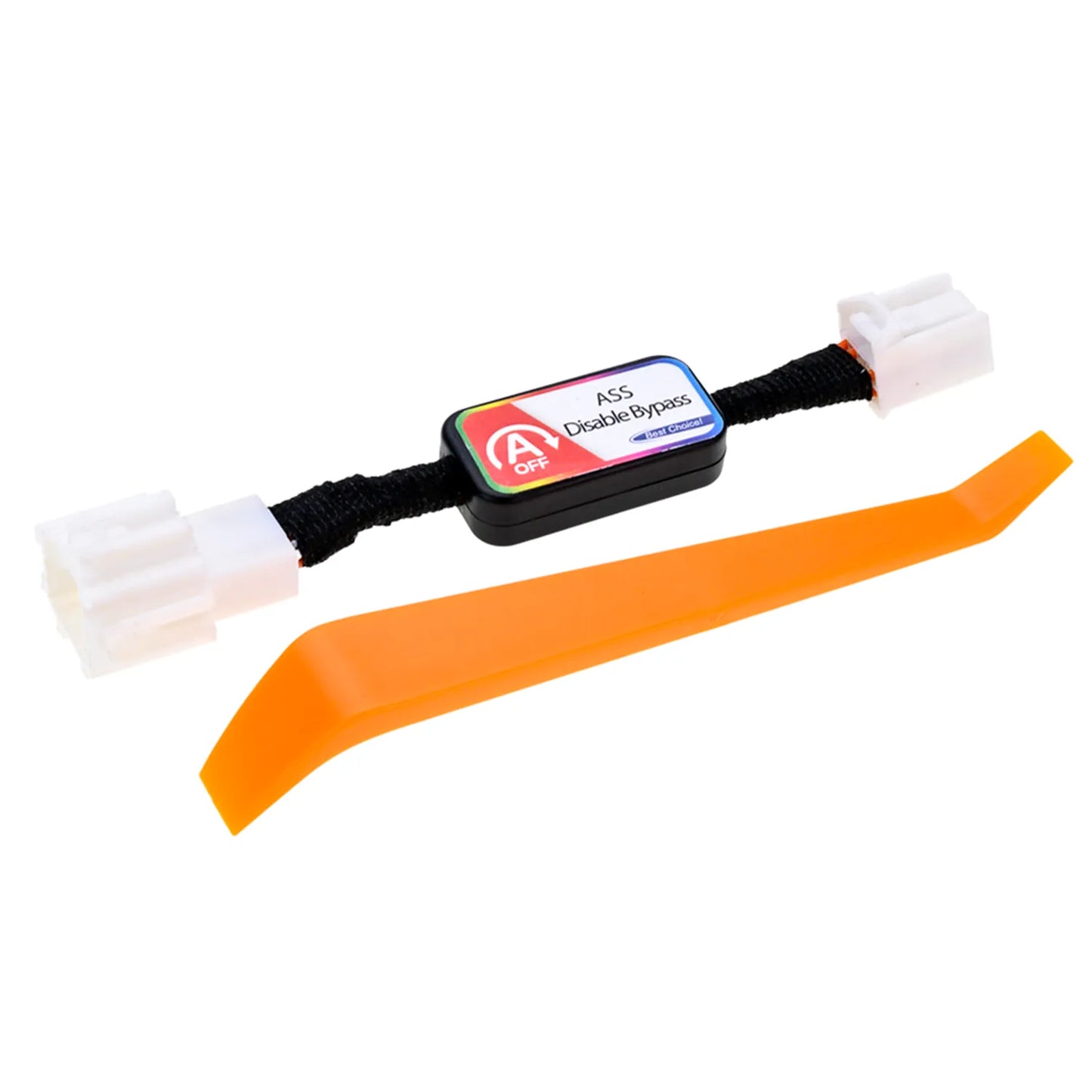 A black electronic module labeled "ASS Disable Bypass" and "A-OFF," connected to white connectors via a braided cable, accompanied by an orange removal tool.