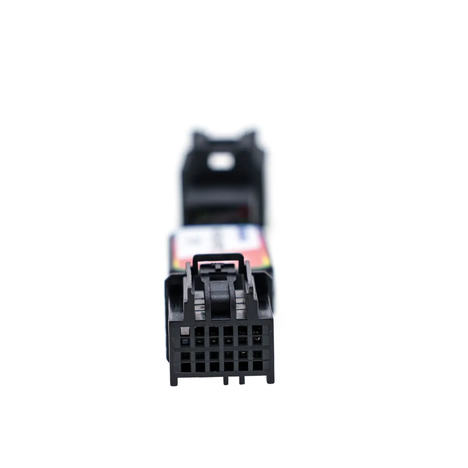 Black cable with a multicolored label reading