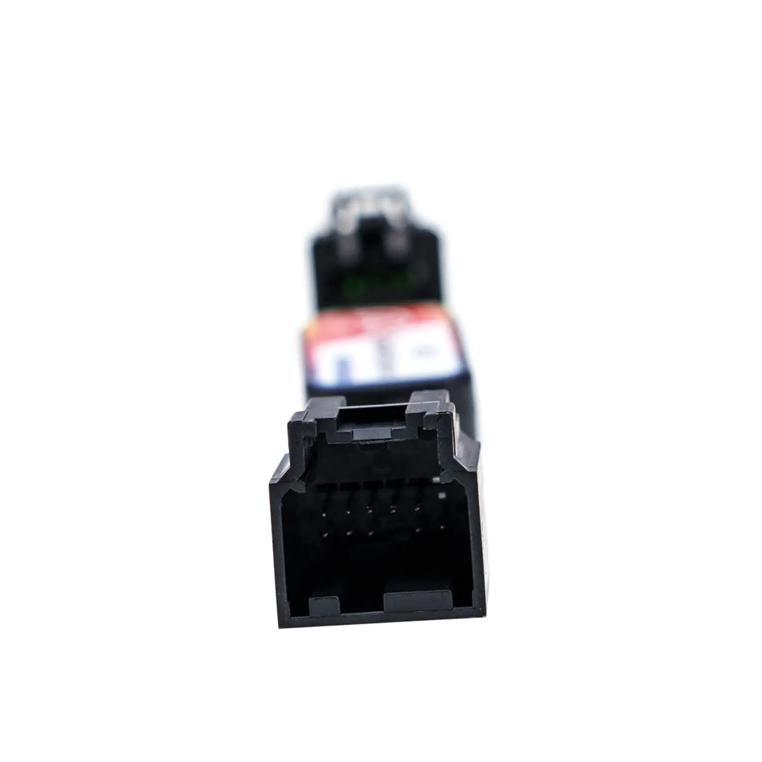 Black cable with a multicolored label reading