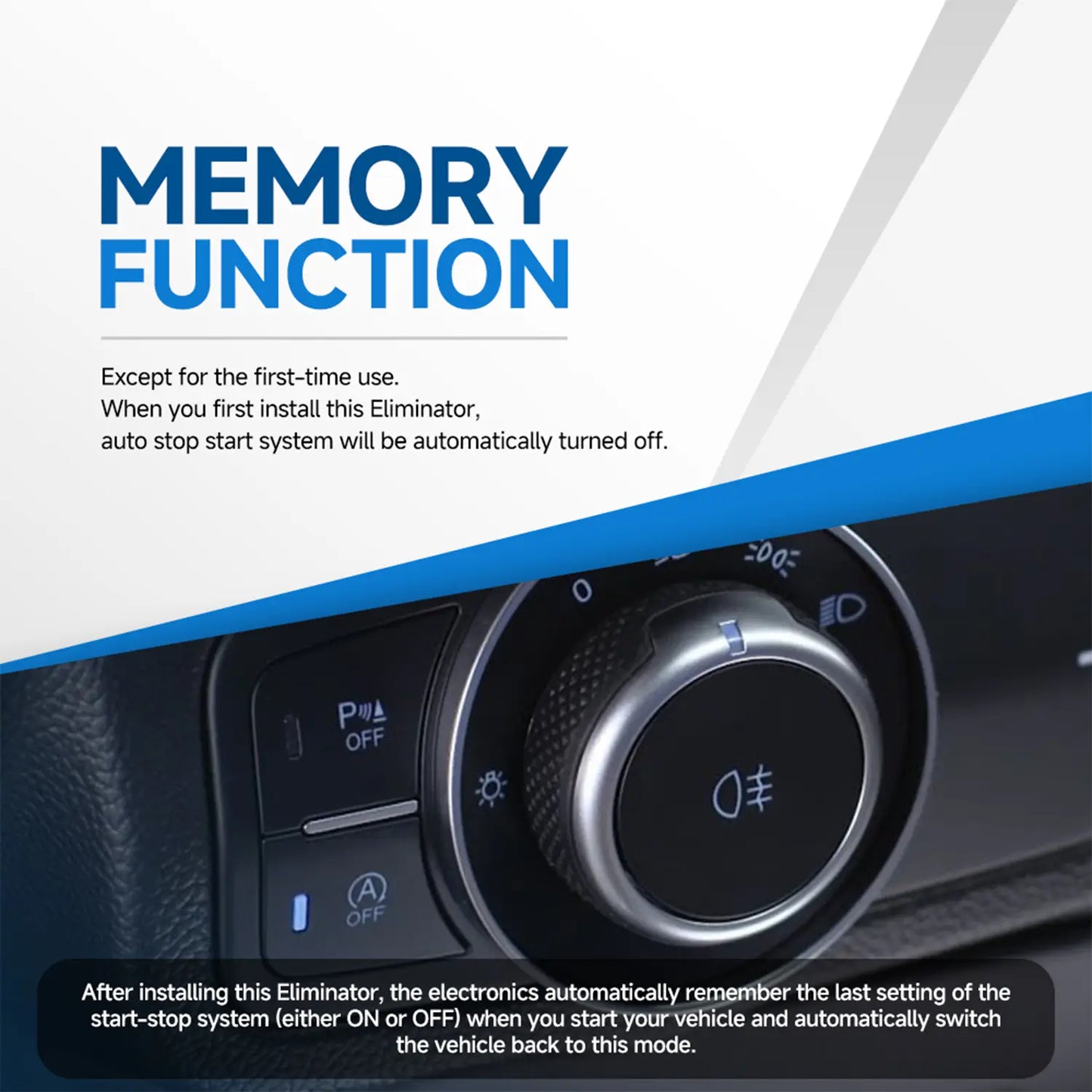 Text about memory function of auto stop-start eliminator, showing controls and explaining it remembers system settings.