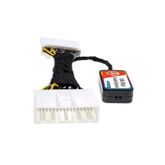 The image displays an Idle Stop Disable Bypass module with wire harness and white connectors, designed to disable automatic engine stop-start systems in vehicles.