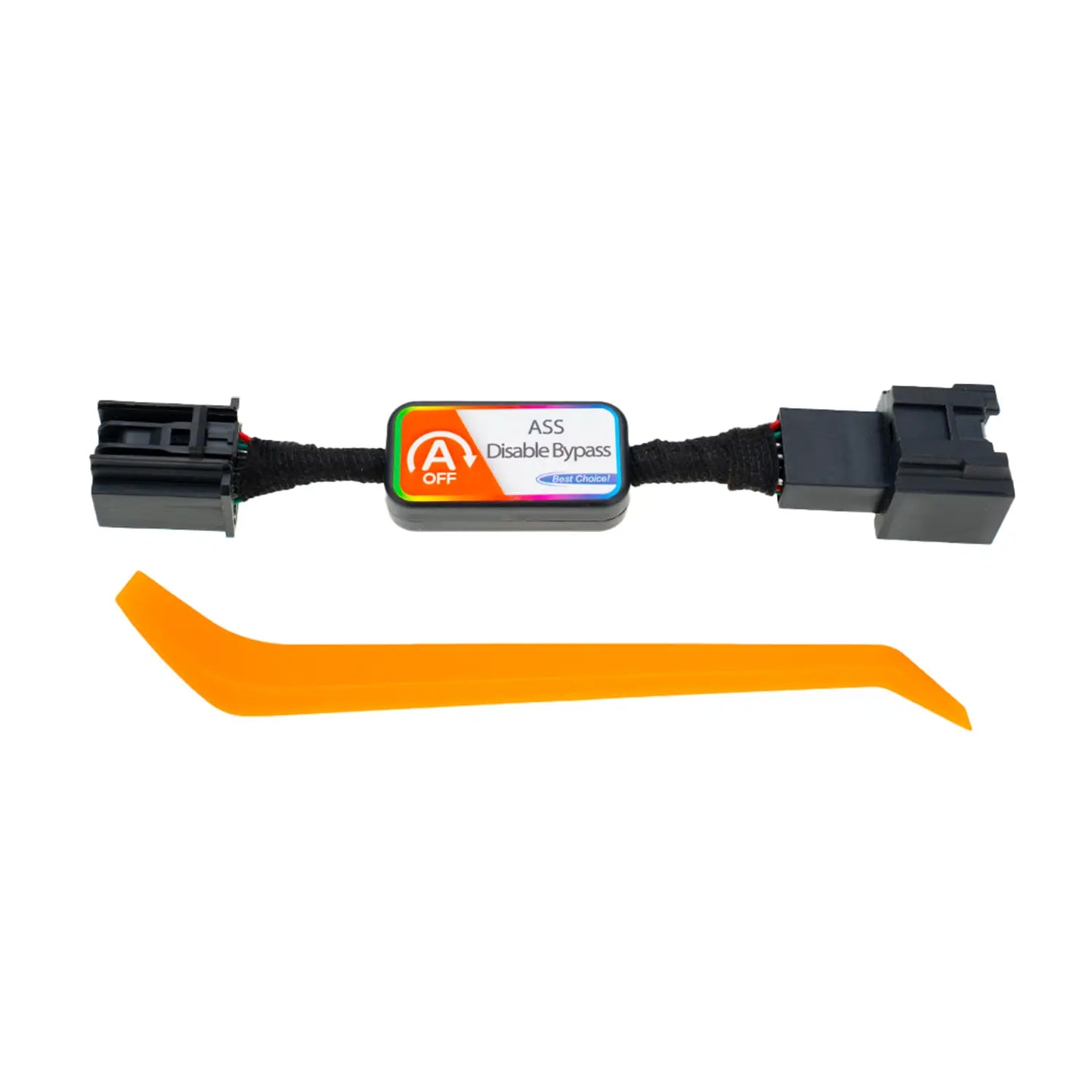 The image shows an auto electronic connector cable with two plugs. It has a label indicating "ASS Disable Bypass" and "Best Choice". The cable is encased in a black braided sheath. An orange plastic removal tool is included.