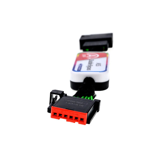 Automotive electronic module with ASS disable bypass function, featuring toggle switch between "A" and "OFF" positions, connected by black cables with black connectors at both ends. One end is a red 6-pin female connector.