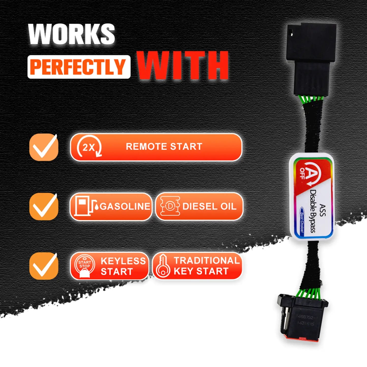 Automotive ASS Disable Bypass module compatible with remote start, gasoline and diesel engines, keyless start and traditional key start systems.