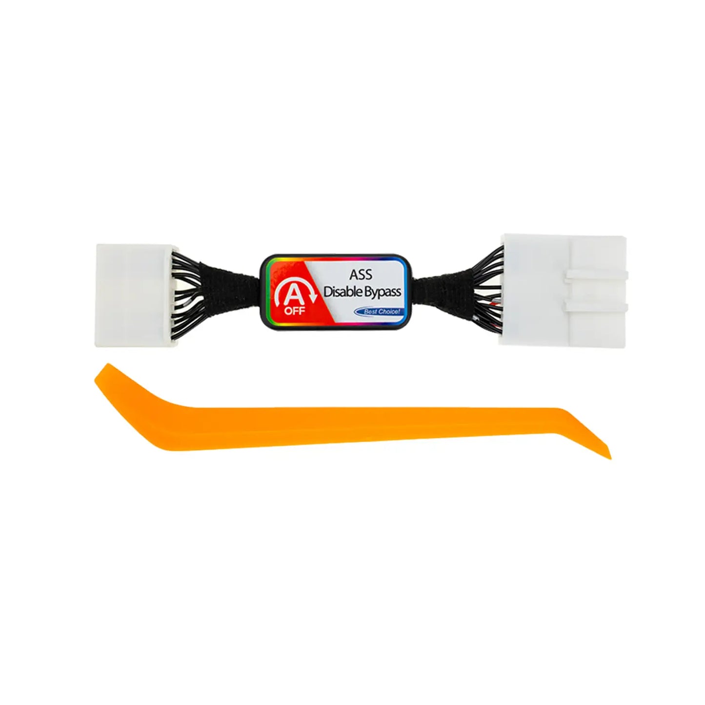 White cable with a switch labeled "ASS Disable Bypass" and "Best Choice," featuring a red power symbol and black cable ties. An orange plastic removal tool is included in the package.