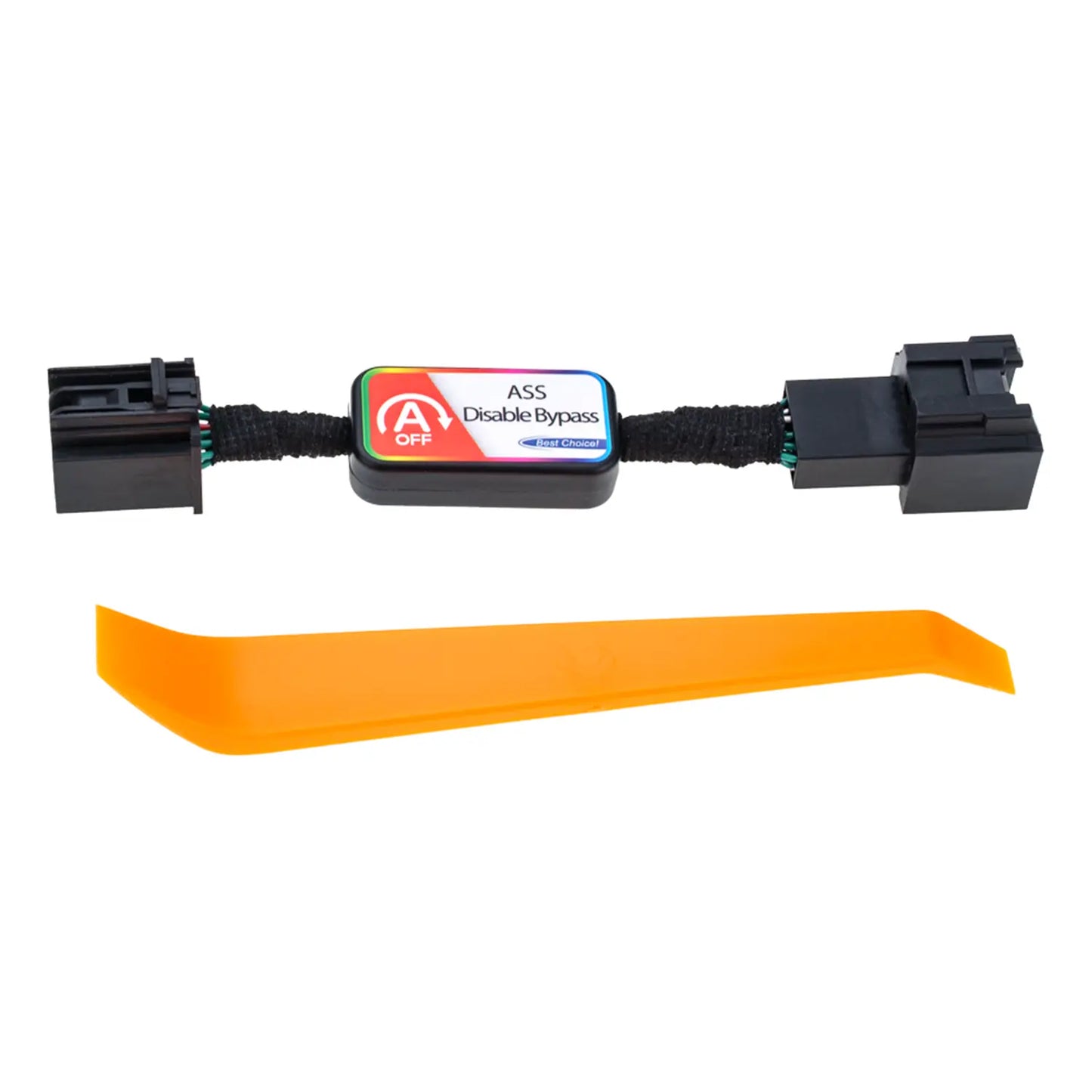 A black automotive bypass module labeled "ASS Disable Bypass" with "A OFF" indicator, featuring two connectors. An orange removal tool is included in the package.