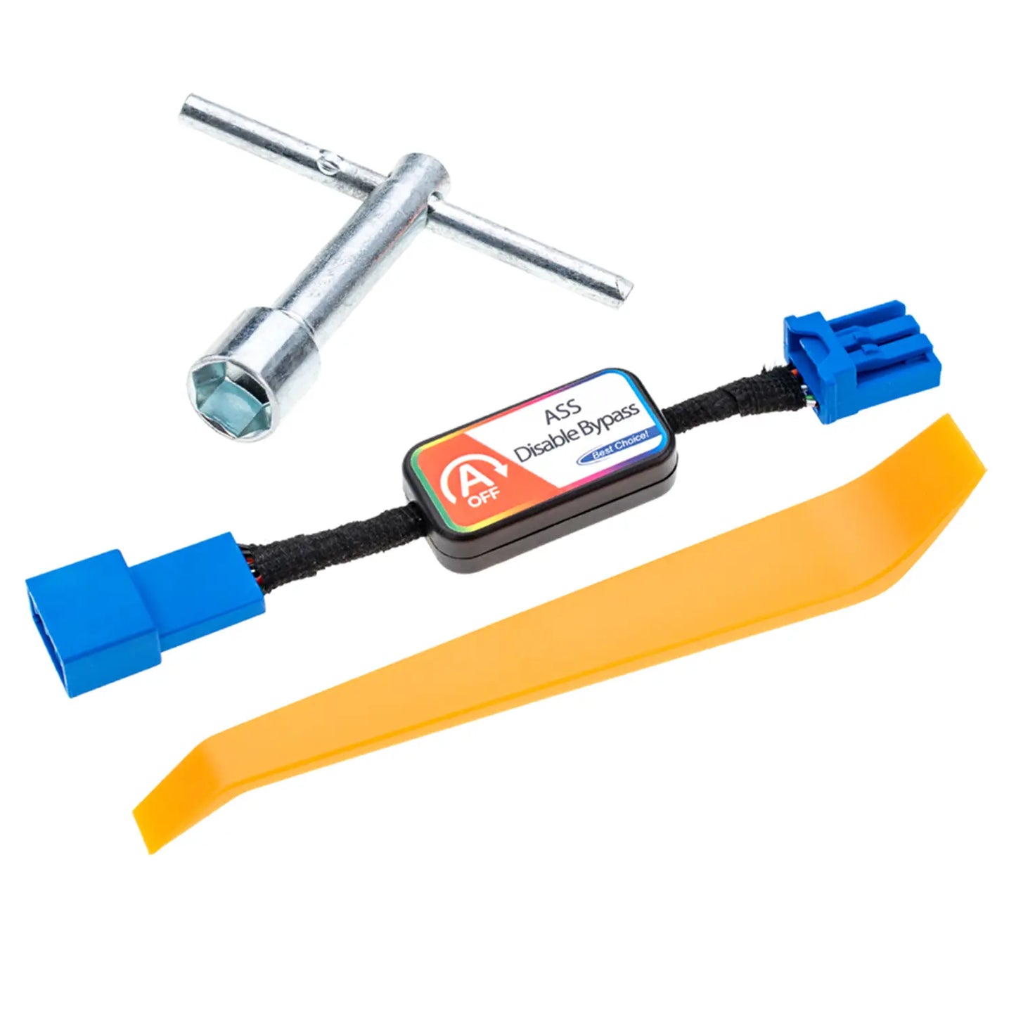 A rectangular ASS Disable Bypass module with colorful labeling, featuring two connectors and a toggle switch marked "OFF" for disabling vehicle systems. Two removal tools are included in the package.