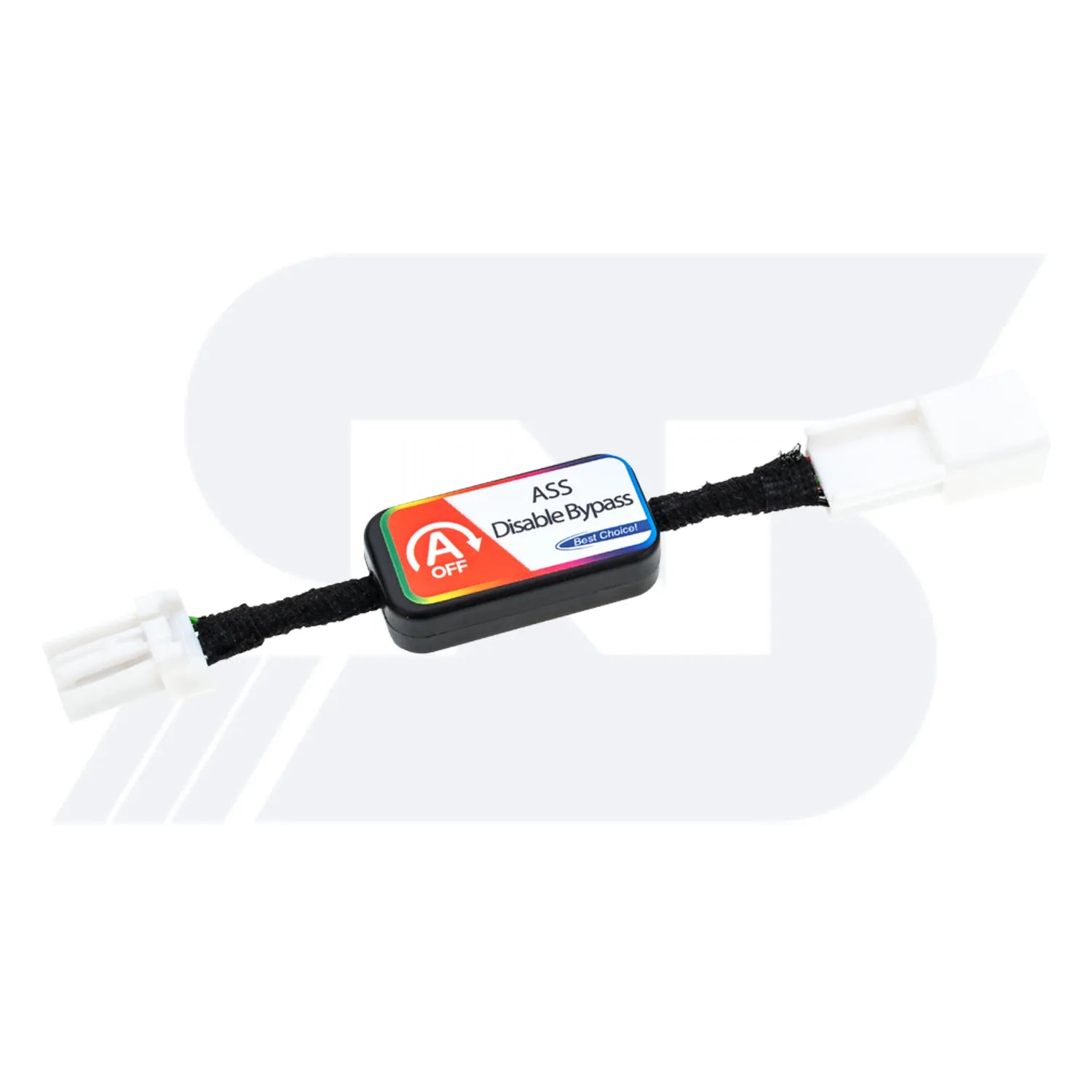 A black ASS Disable Bypass device, white connectors,