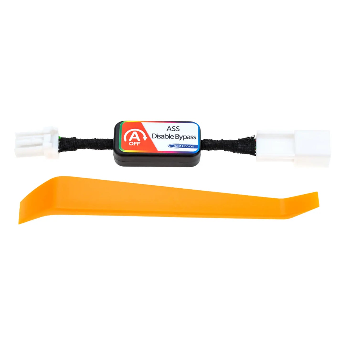 A black ASS Disable Bypass device, white connectors, "A OFF" and "First Choice" labels, for vehicle use. An orange removal tool is included in the package.