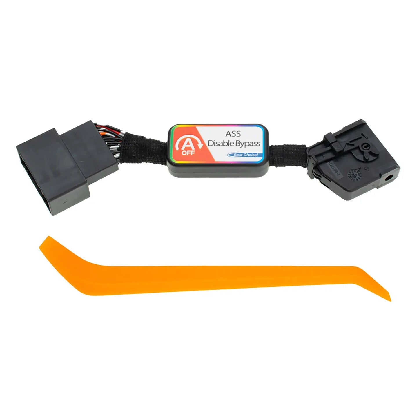 An automotive bypass module labeled "ASS Disable Bypass" with a colorful indicator, featuring a square connector on one end and a multi-wire plug on the other. An orange removal tool is included in the package.