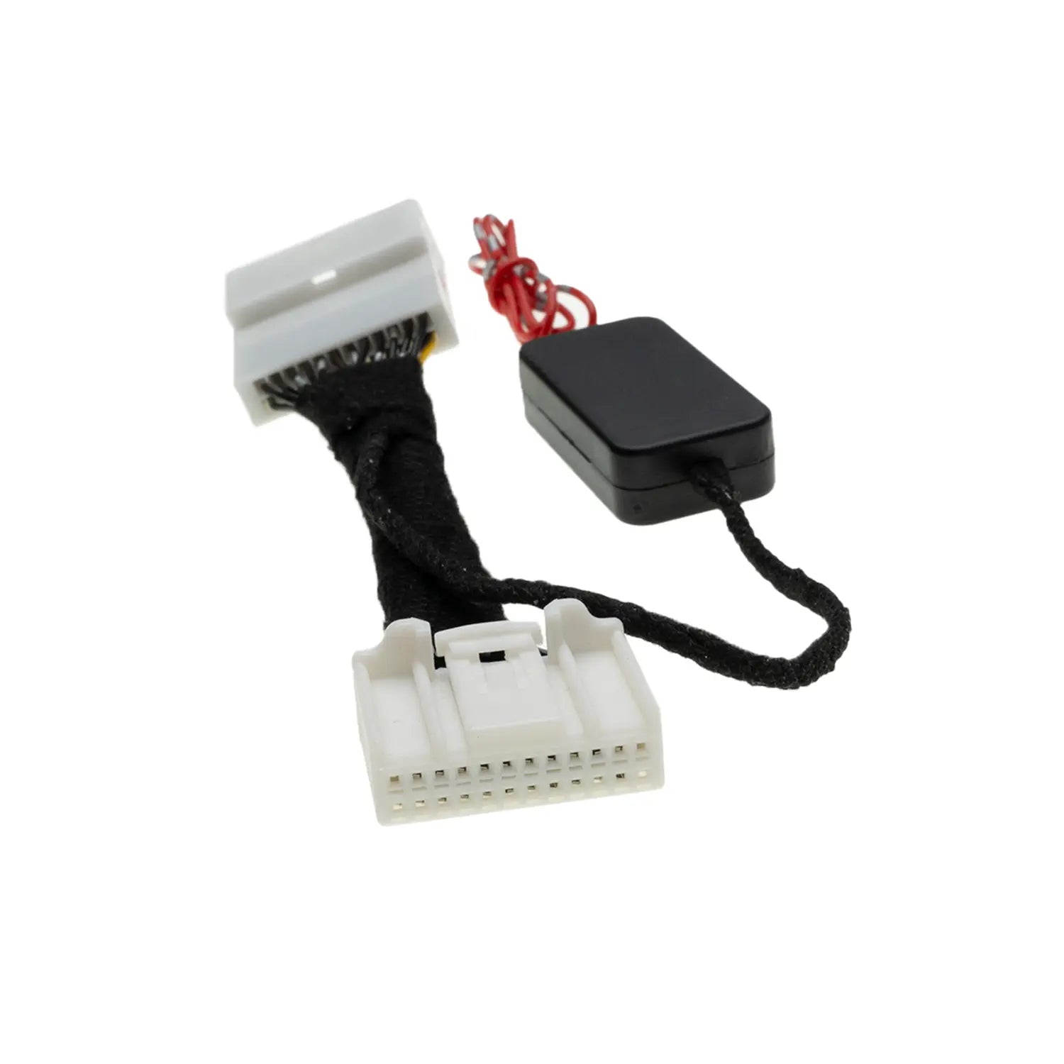 A black electronic module connected to a wrapped wire harness with two white multi-pin connectors, likely used for automotive or electronic system integration or modification.