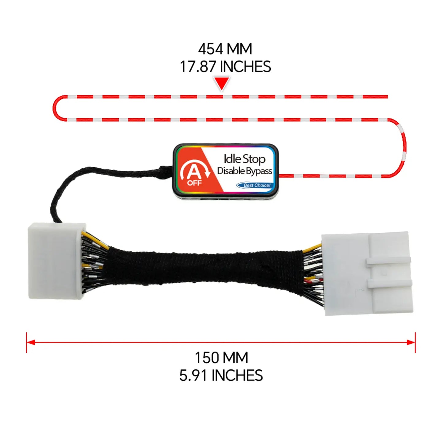 Automotive Idle Stop Disable Bypass device with labeled dimensions: 454 mm (17.87 inches) total length and 150 mm (5.91 inches) connector-to-connector wiring length.
