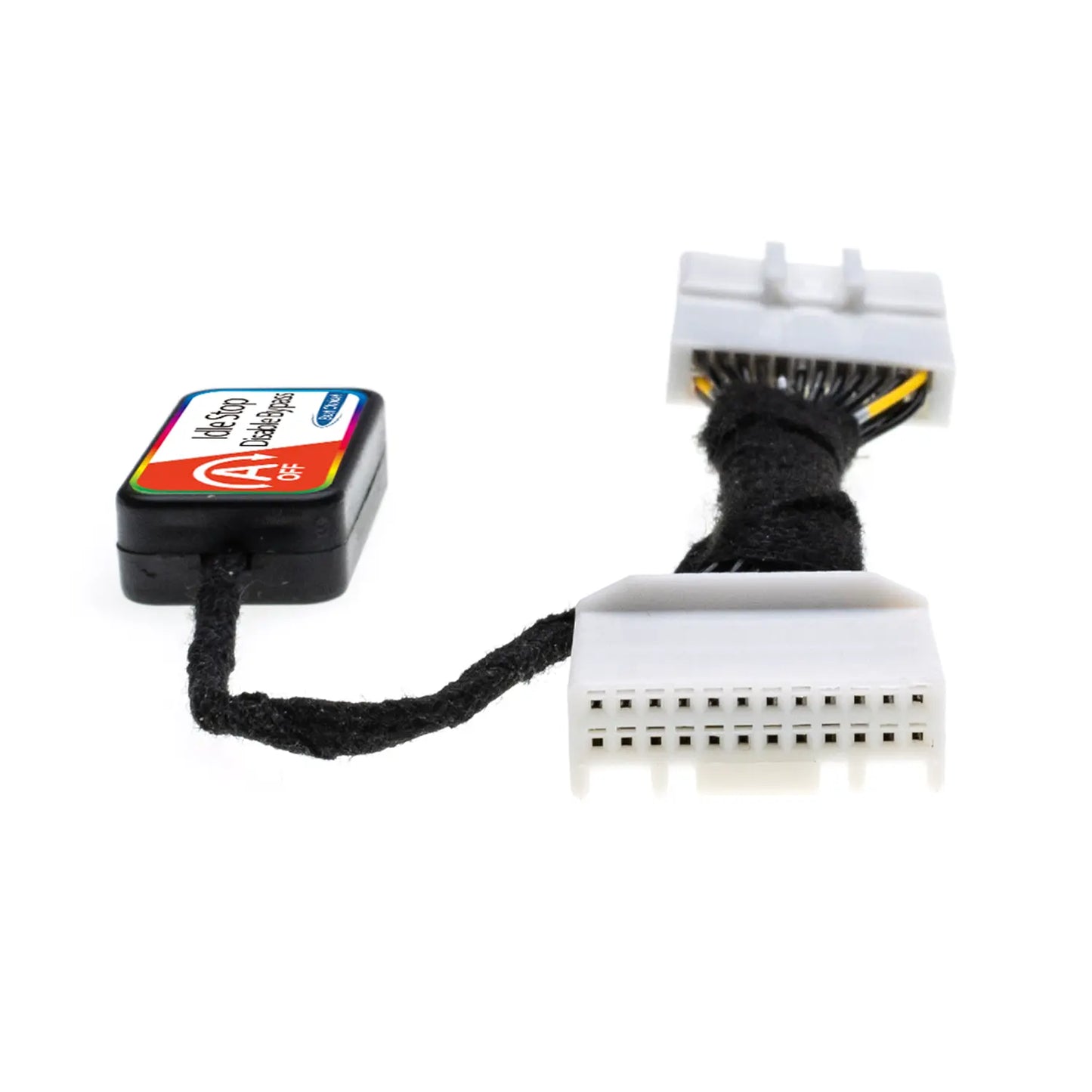 Idle Stop Disable Bypass with two white multi-pin connectors and a small control module, designed to prevent automatic engine shutoff in vehicles with stop-start systems.