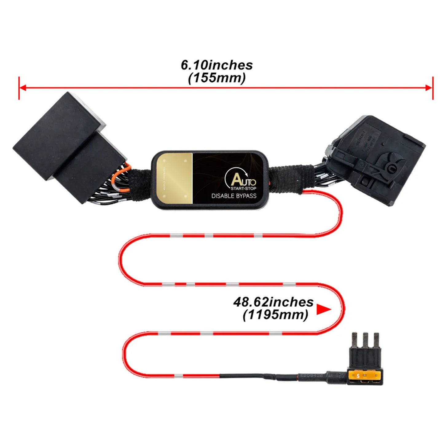 Black auto start-stop disable bypass module with connectors and wires. Total length: 6.10 inches (155mm); wire length: 48.62 inches (1195mm).