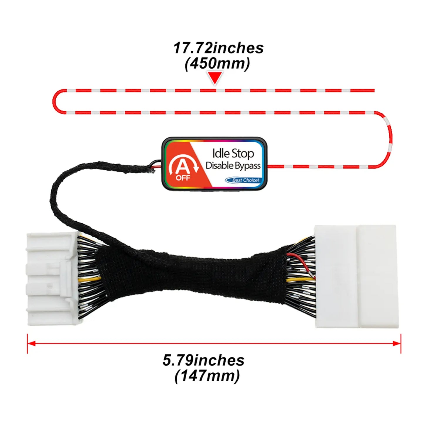 Idle Stop Disable Bypass device with two white connectors, a control module, and labeled dimensions: 450mm (17.72 inches) total length, 147mm (5.79 inches) connector span.